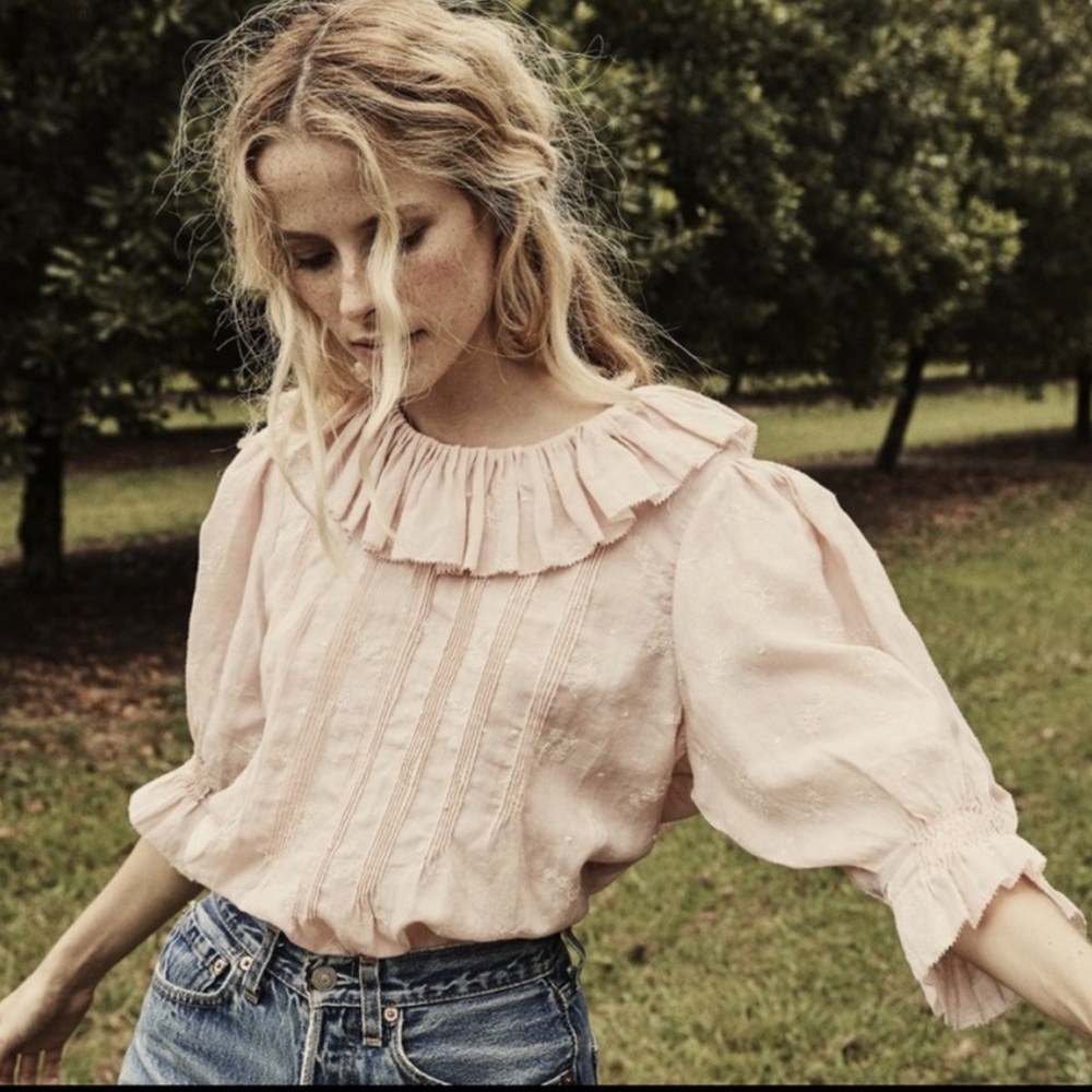DOEN Cadence Blouse Top in Mallow/Pink/Ruffle Neck-Sleeves/Embroidered Floral XS